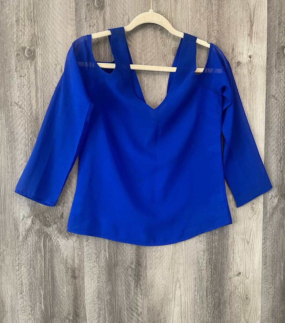 Charlotte Russe Cobalt Blue Chiffon Cold Shoulder Blouse Small Sheer 3/4 Sleeve